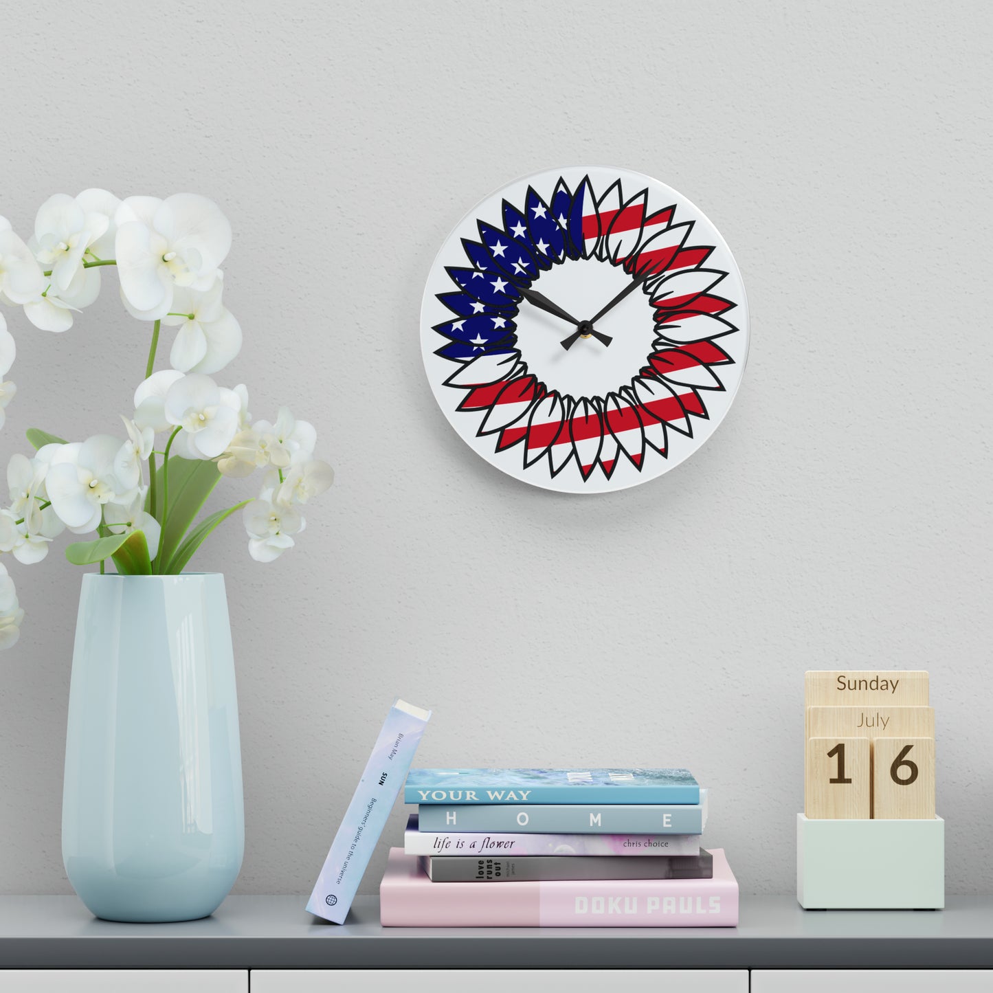 American Flag Sunflower Acrylic Wall Clock