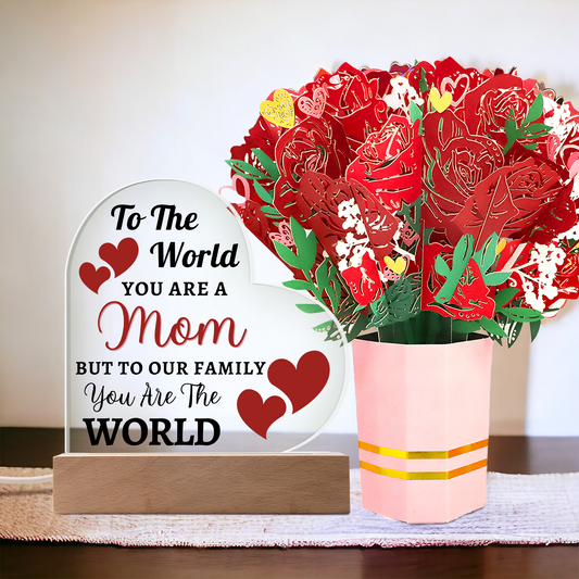 Gift For Mom | You Are The World Printed Heart Shaped Acrylic Plaque With Base