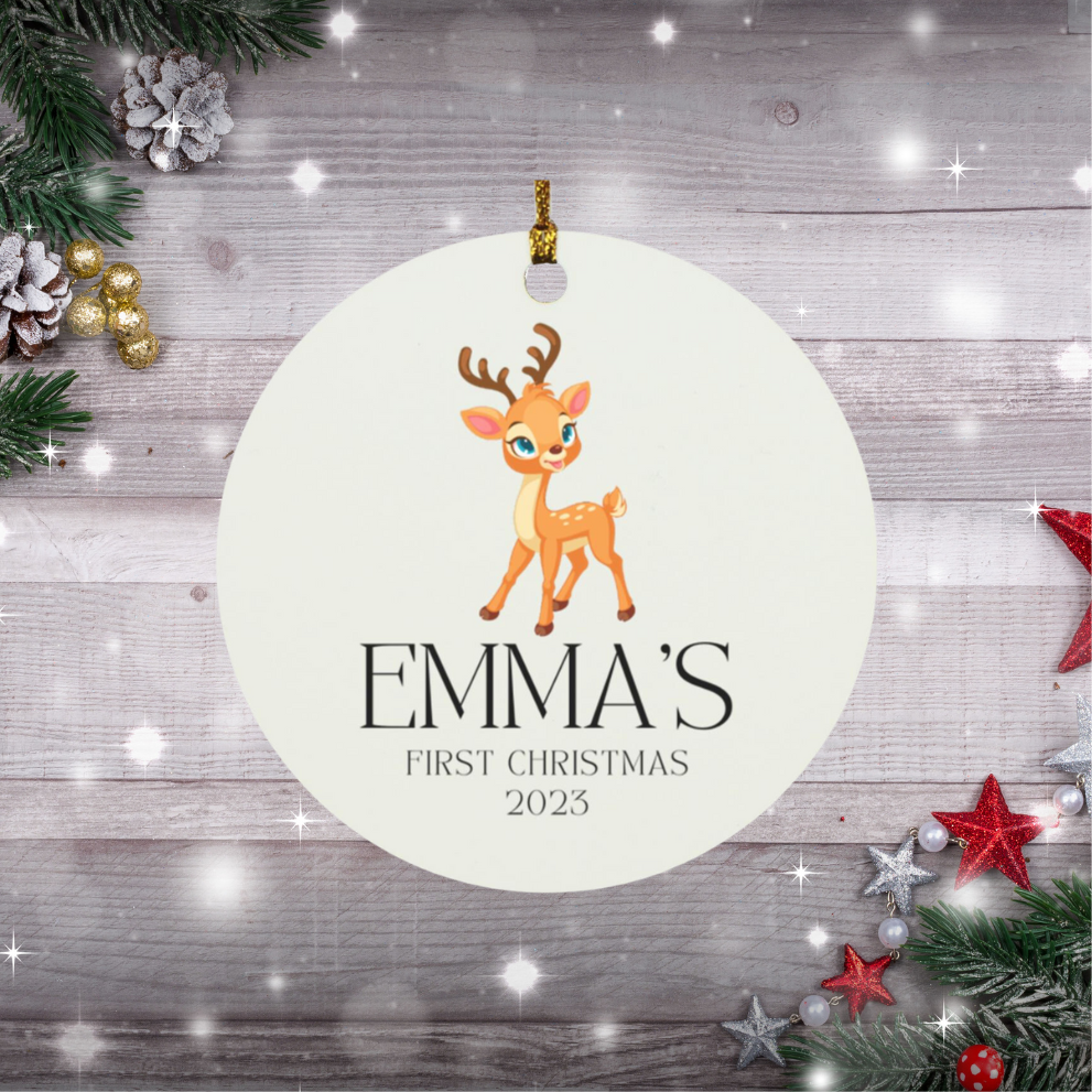 Baby Deer Personalized First Christmas Circle Ornament