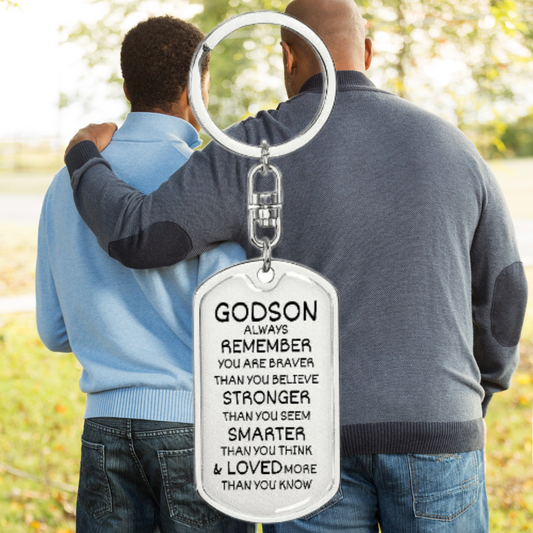 Gift For Godson | Braver Stronger Smarter Loved Dog Tag Keychain