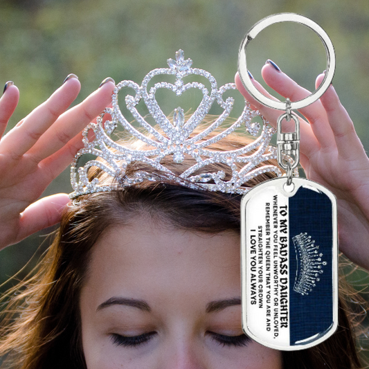 Gift For Badass Daughter | Blue Crown Dog Tag Keychain