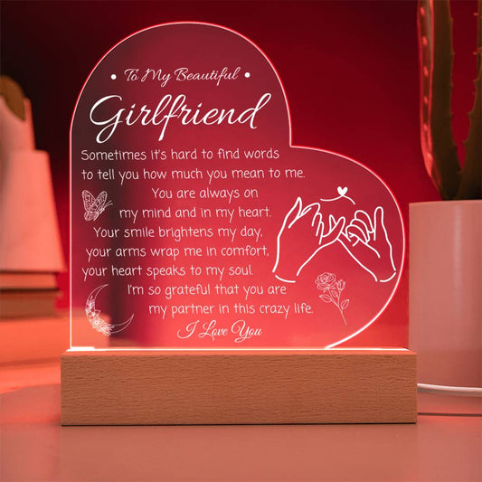 Gift For Girlfriend | Heart Acrylic Plaque with Wooden Base - Always On My Mind From Boyfriend