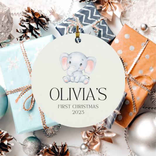 Elephant First Christmas Personalized Circle Ornament