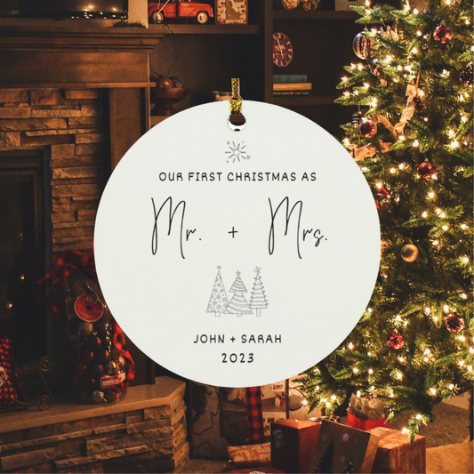 Our First Christmas As Mr. Mrs. Personalized Circle Ornament