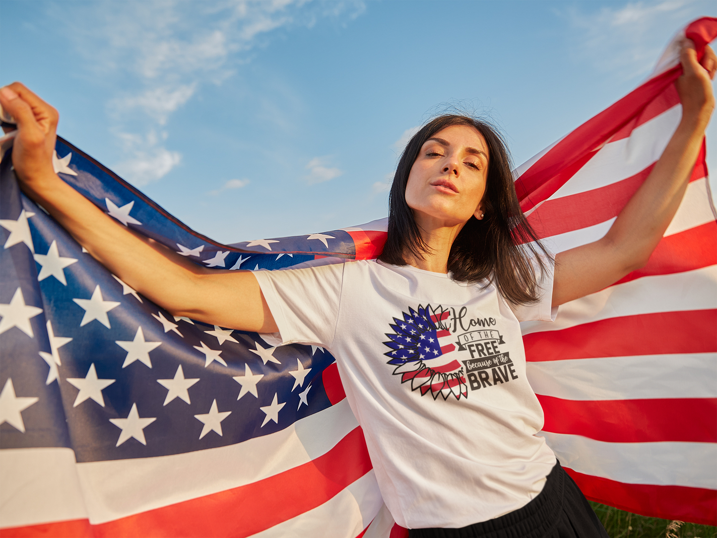 "Home of the Free Because of the Brave" American Flag Sunflower T-Shirt