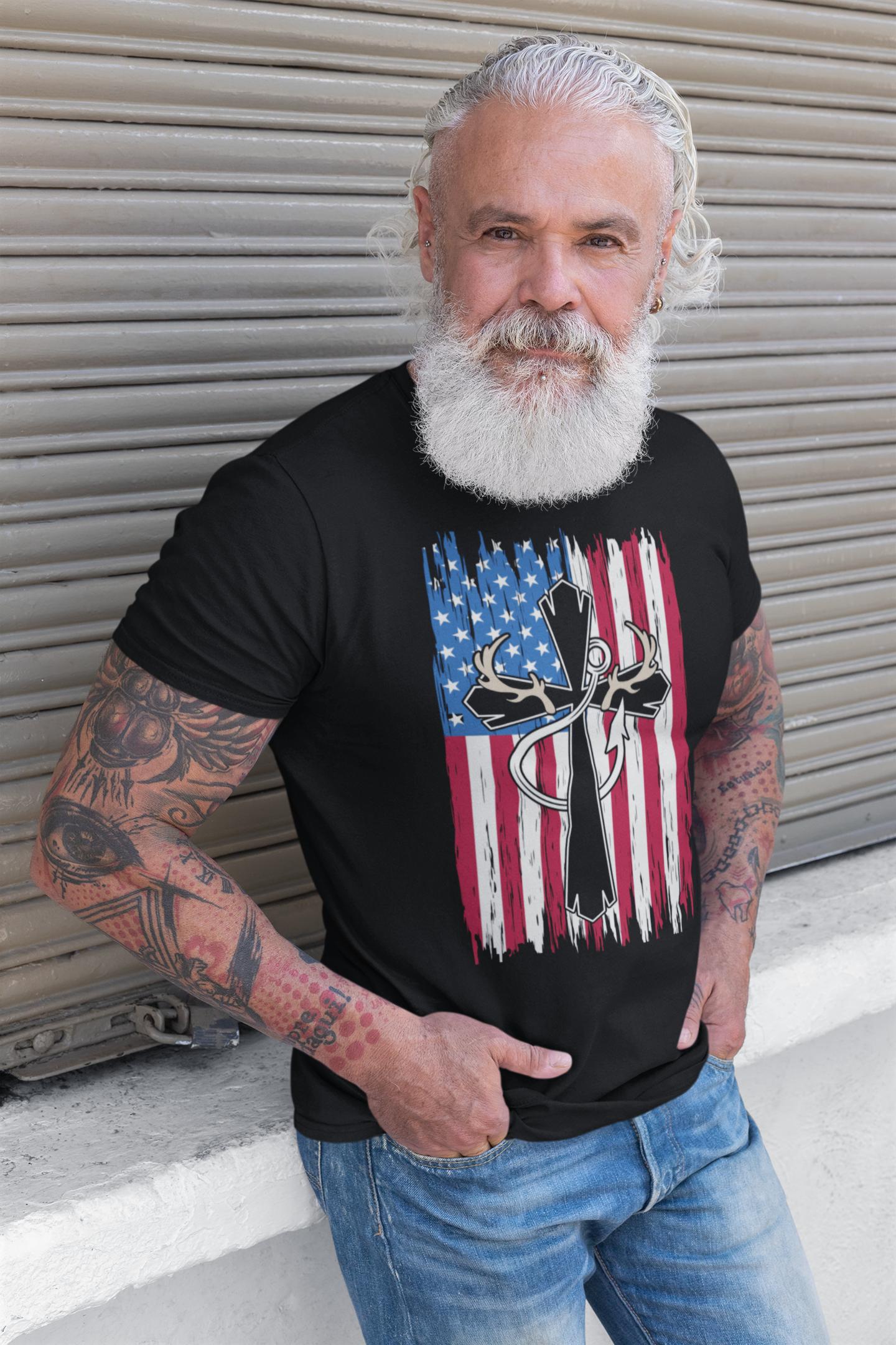 American Flag Cross Fishing Deer Hunter T-Shirt