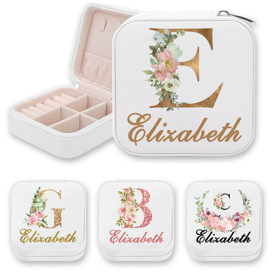 Initial & Name Jewelry Travel Case with Flowers