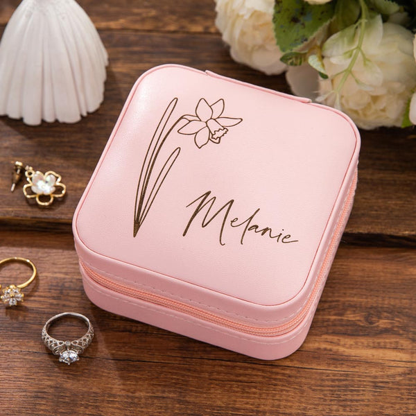 Gift For Her | Custom Name Birth Flower Jewelry Travel Case