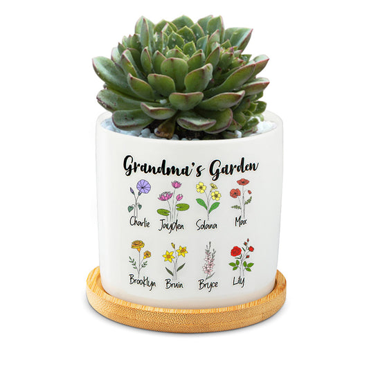 Personalized Ceramics Birth Flower Planter with Names Gift for Grandma Mom - Large