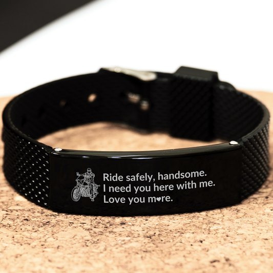 Gift For Him | Motorcycle Ride Safe Black Shark Mesh Stainless Steel Engraved Bracelet