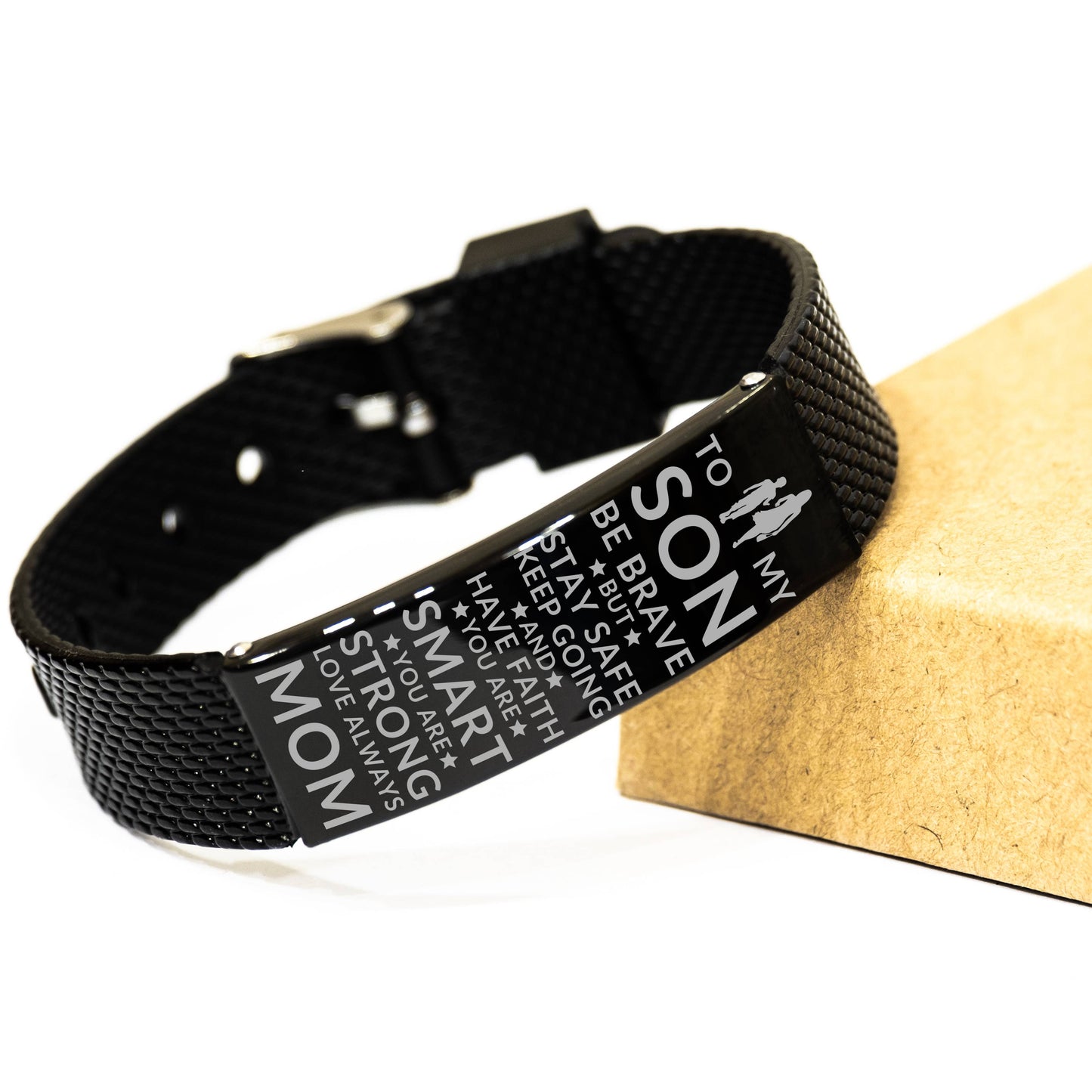 Gift For Son | Black Shark Mesh Stainless Steel Engraved Bracelet - Be Brave From Mom