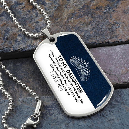 Gift For Daughter | Straighten Your Crown Dog Tag Necklace - Blue
