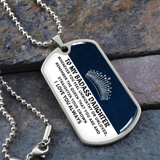 Gift For Badass Daughter | Blue Crown Dog Tag Necklace