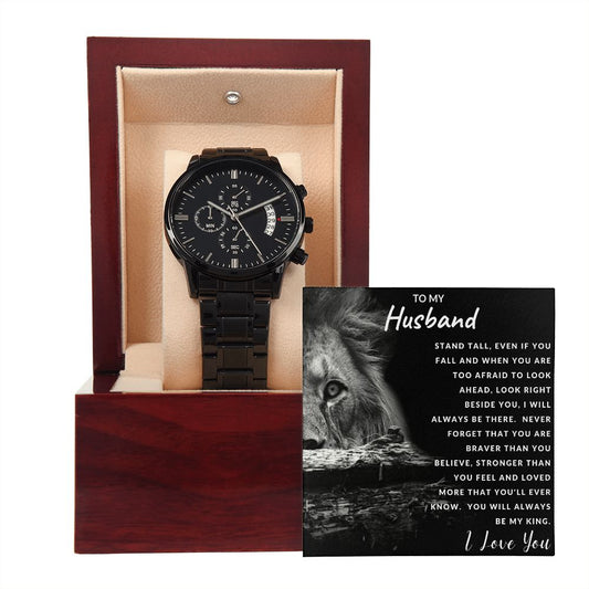 Gift For Husband | Black Chronograph Watch - Lion