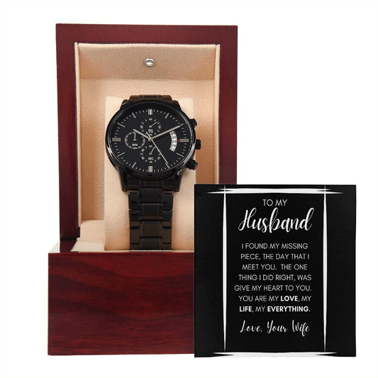 Gift For Husband | Black Chronograph Watch - Missing Piece Black From Wife