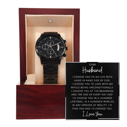 Gift For Husband | Black Chronograph Watch - Hand & Hand | From Wife