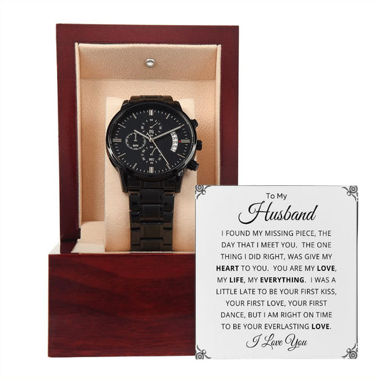 Gift For Husband | Black Chronograph Watch - Missing Piece White