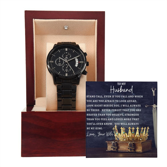 Gift For Husband | Black Chronograph Watch - King Crown From Wife