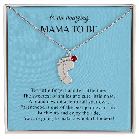 Gift For Mommy To Be | Engraved Custom Baby Feet Necklace with Birthstone
