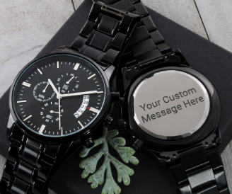 Gift For Him | Customizable Engraved Black Chronograph Watch | Add Your Custom Message