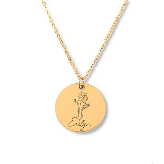 Name & Birth Flower Circle Necklace