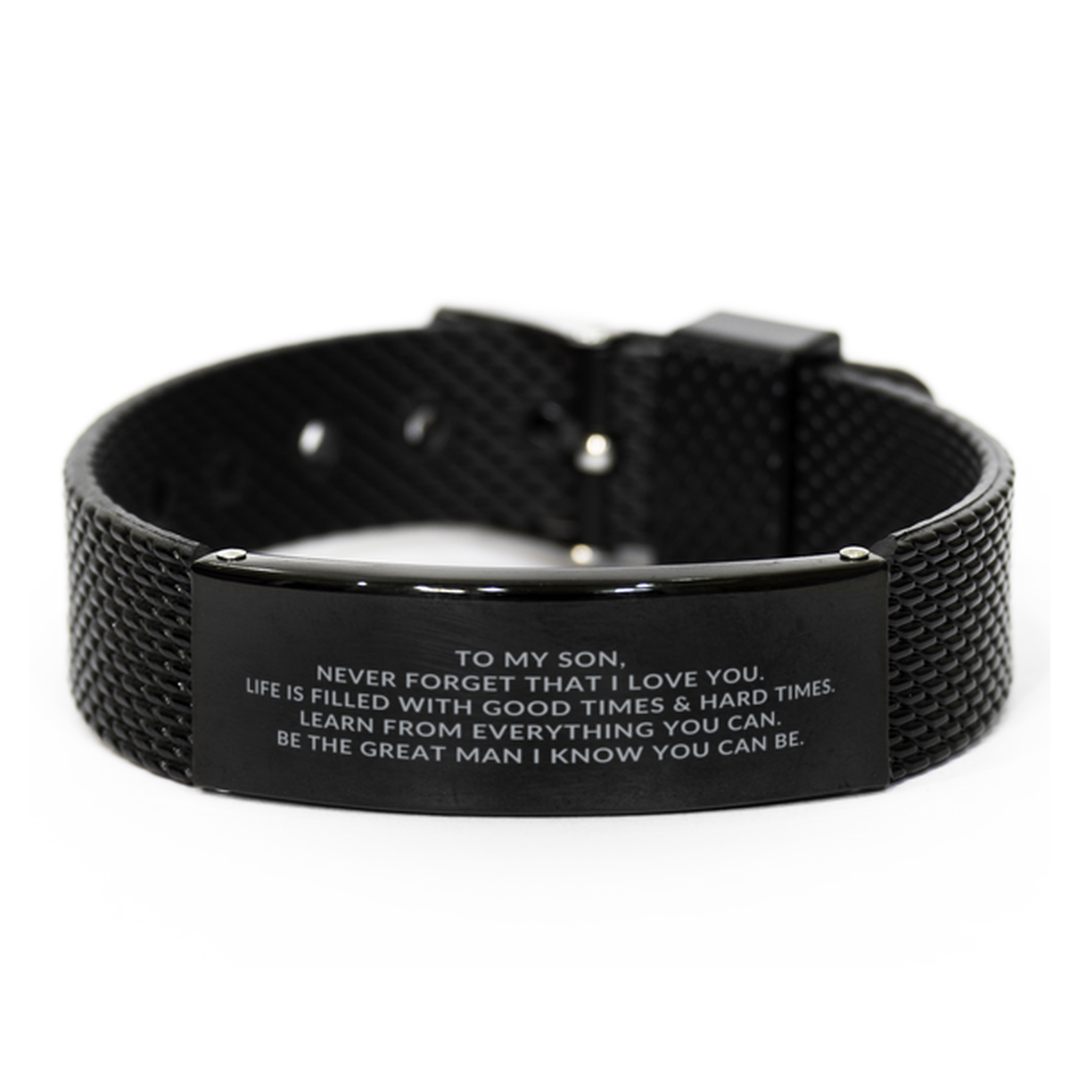 Black Shark Mesh Stainless Steel Engraved Bracelet for Son