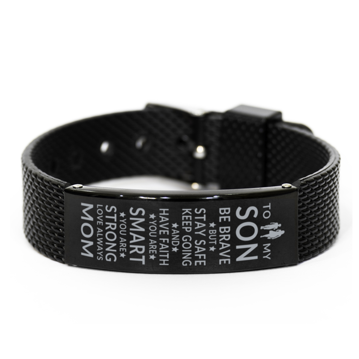 Gift For Son | Black Shark Mesh Stainless Steel Engraved Bracelet - Be Brave From Mom