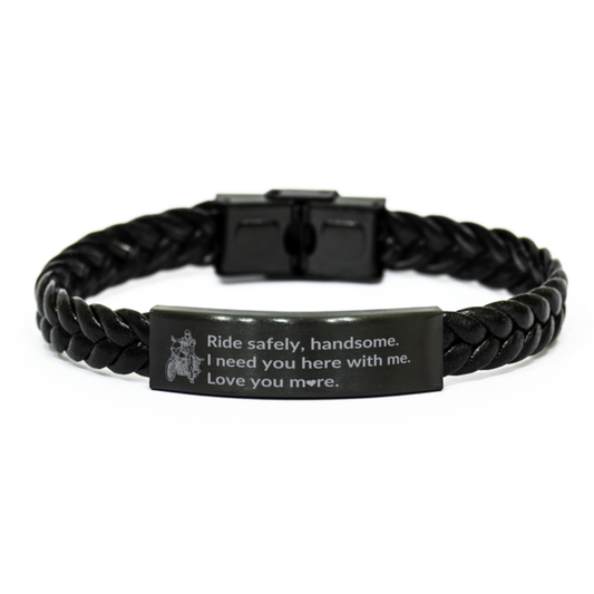 Gift For Him | Motorcycle Ride Safe Black Braided Leather Rope Engraved Bracelet
