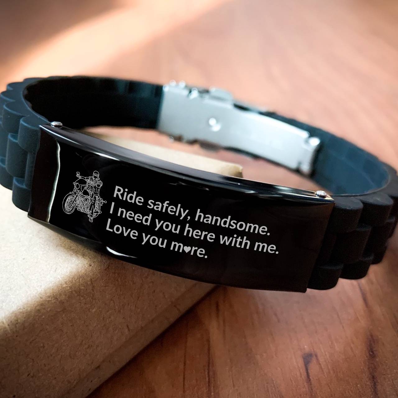 Black Glidelock Clasp Stainless Steel Engraved Bracelet Gif For Him
