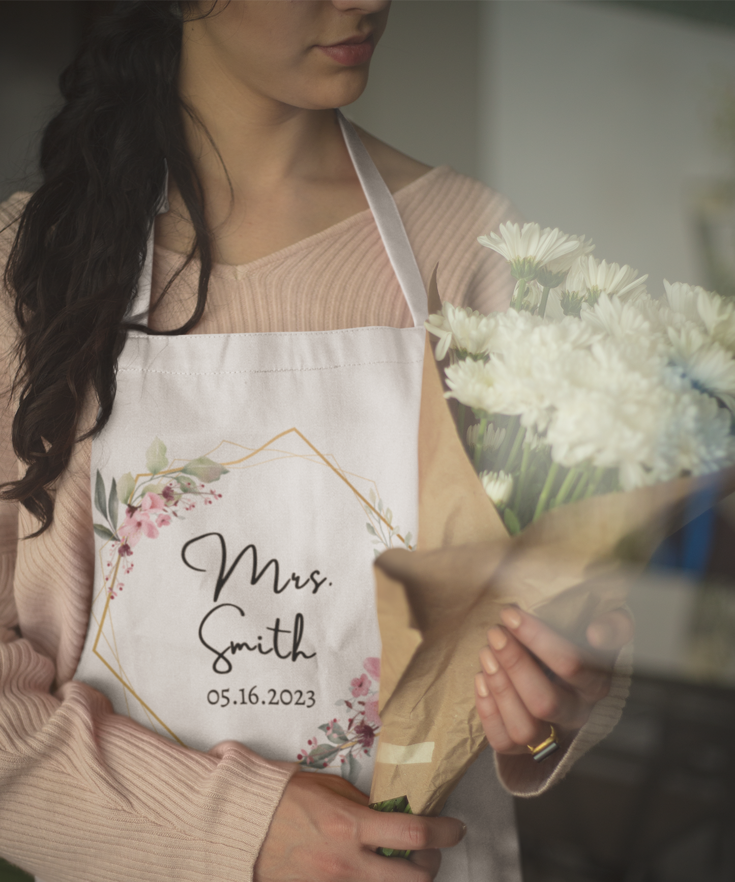 Gift For Bride | Mrs. Floral Wreath Personalized Apron