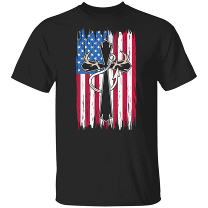 American Flag Cross Fishing Deer Hunter T-Shirt