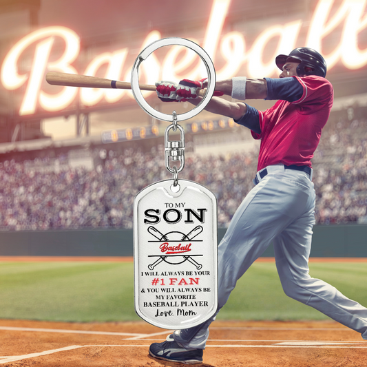 Gift For Son | #1 Fan Baseball Dog Tag Keychain From Mom
