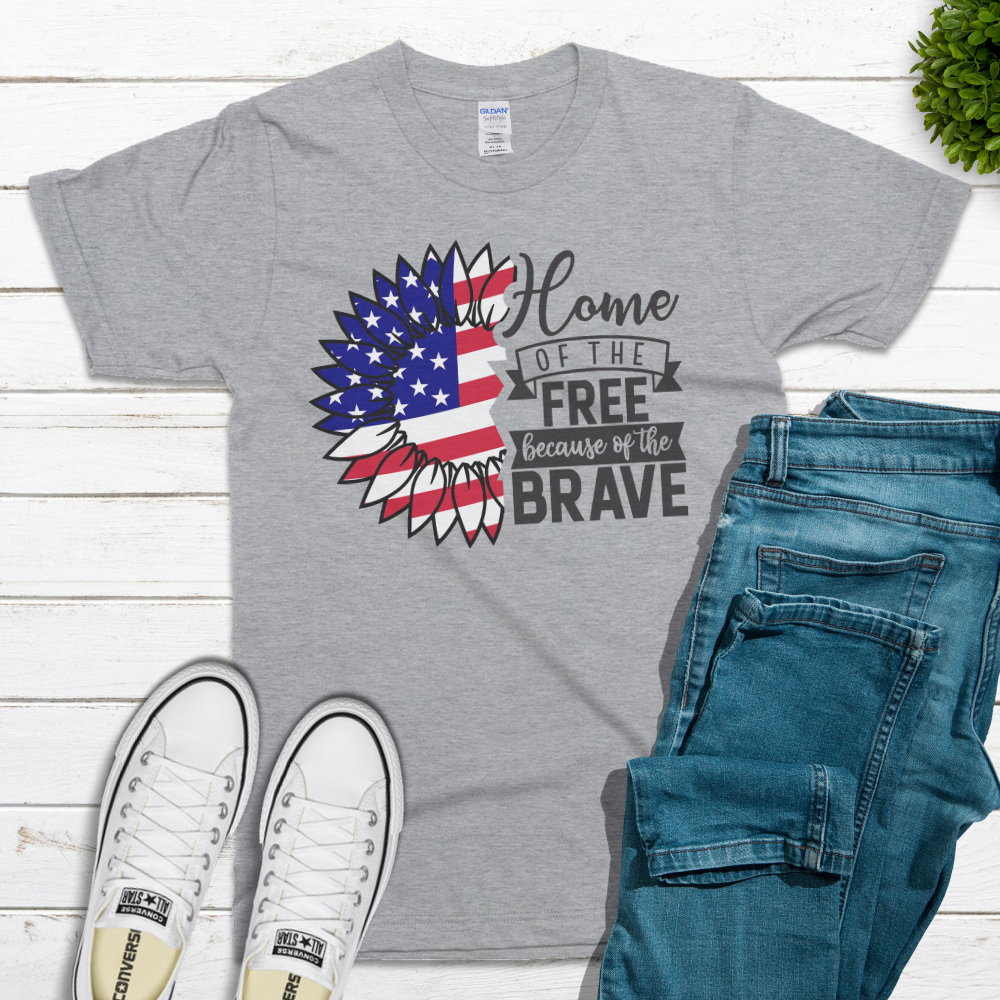 "Home of the Free Because of the Brave" American Flag Sunflower T-Shirt