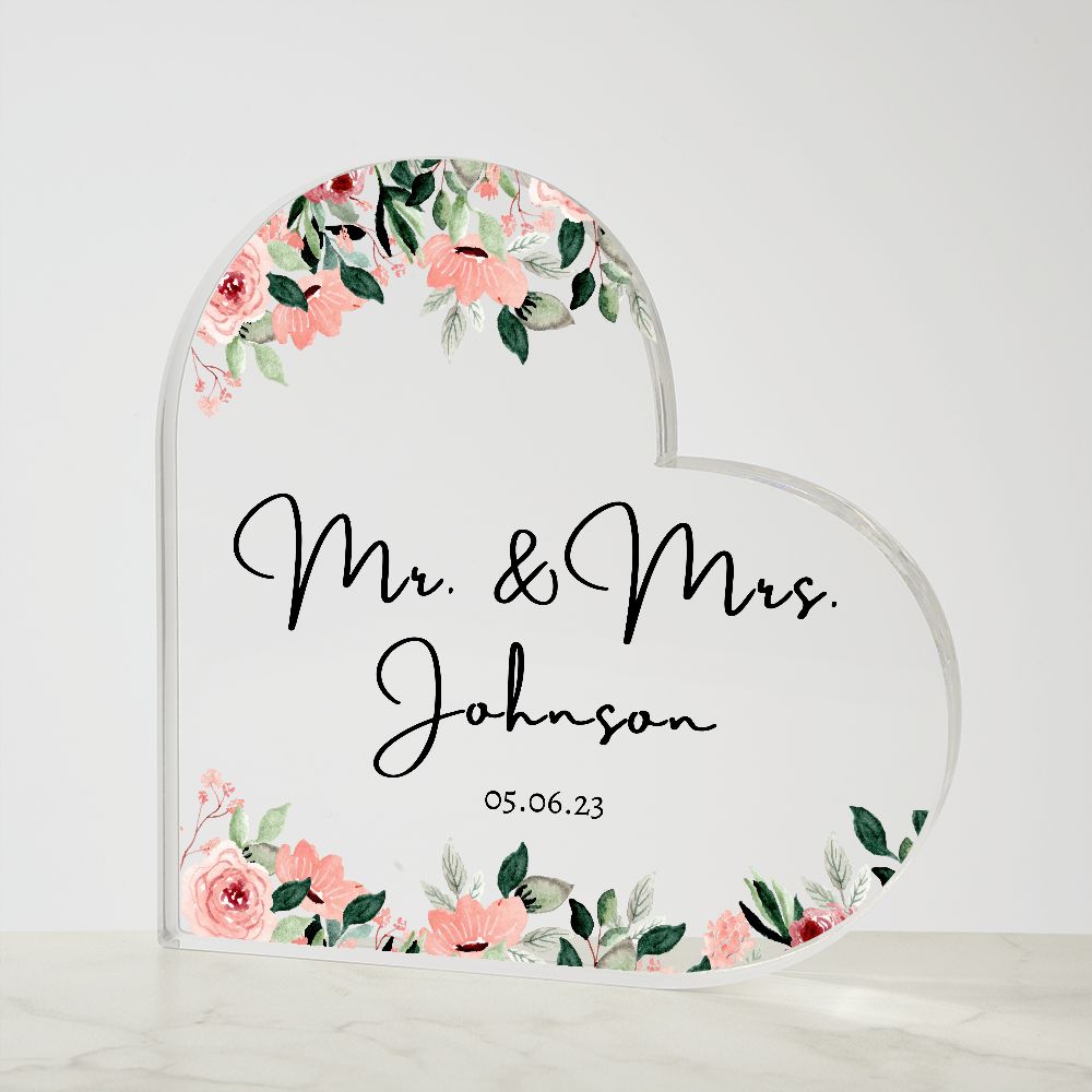 Mr. & Mrs. Wedding Date Heart Shaped Acrylic Plaque | Cake Topper, Wedding Gift