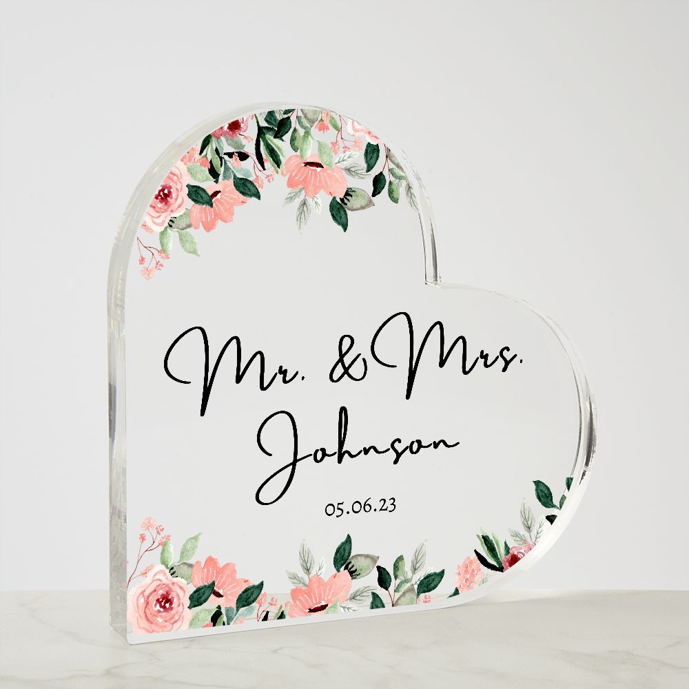 Mr. & Mrs. Wedding Date Heart Shaped Acrylic Plaque | Cake Topper, Wedding Gift