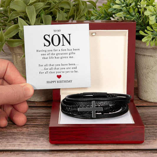 Gift For Son | My Greatest Gift Men's Cross Leather Bracelet