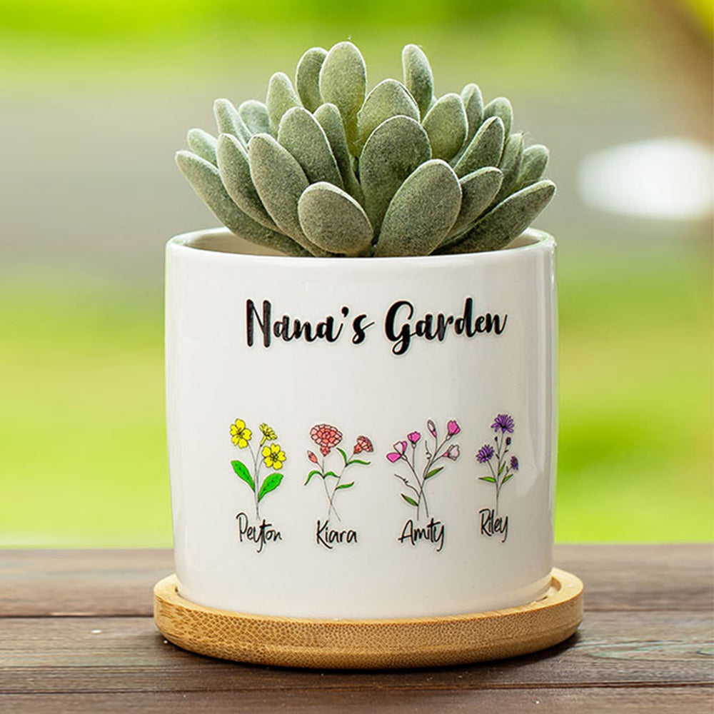 Personalized Ceramics Birth Flower Planter with Names Gift for Grandma Mom - Large