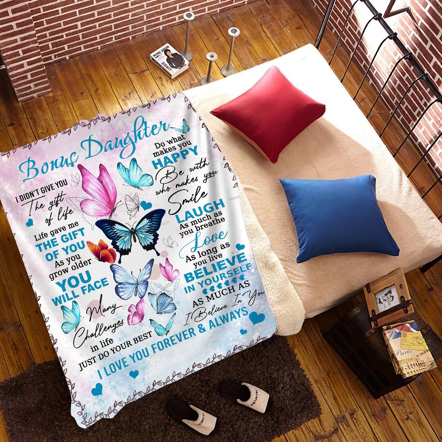 Gift For Bonus Daughter | Colorful Butterflies Throw Blanket 50x60 From Bonus Mom or Dad