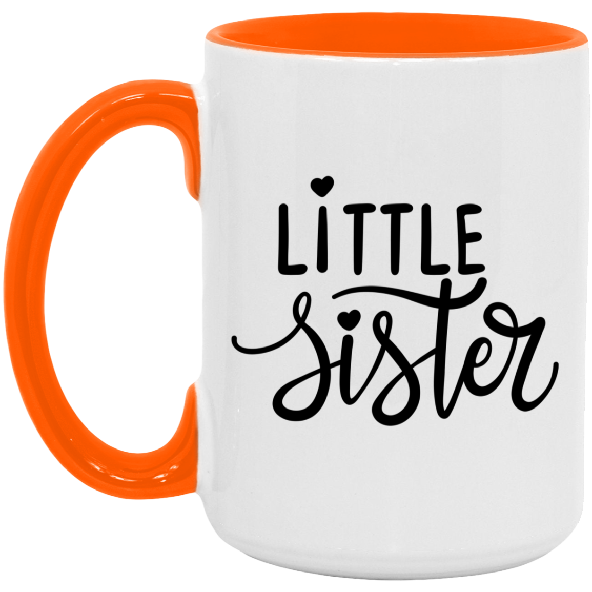 Orange Little Sister Mug With small hearts and fancy writing