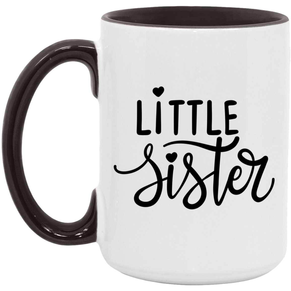 Black Little Sister Mug With small hearts and fancy writing