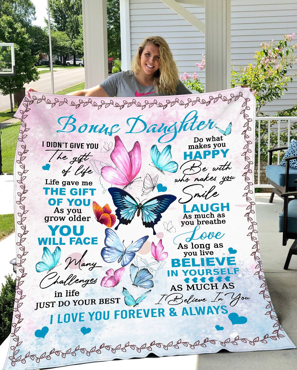 Gift For Bonus Daughter | Colorful Butterflies Throw Blanket 50x60 From Bonus Mom or Dad