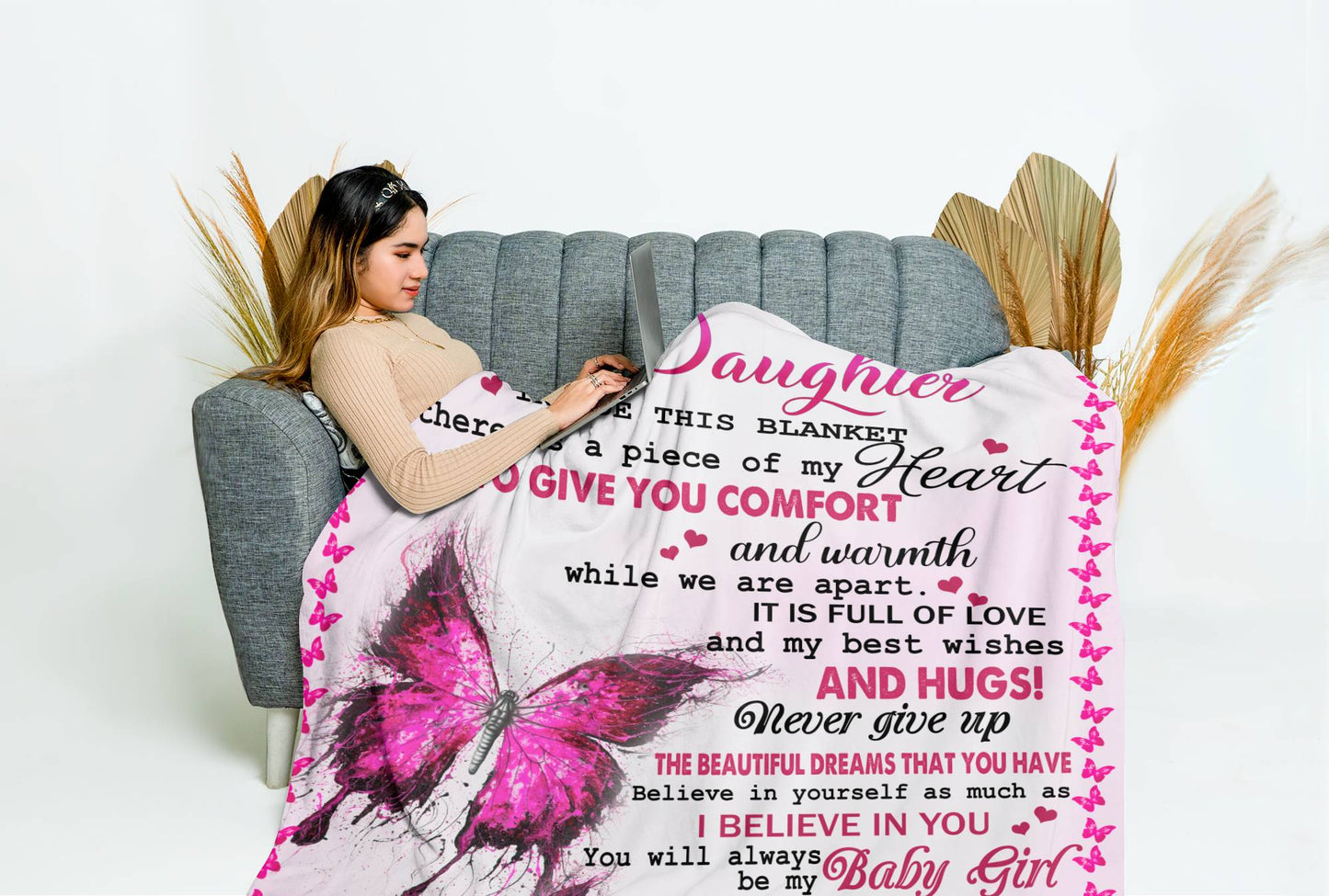 To My Daughter | Pink Butterfly Throw Blanket 50x60 | From Mom