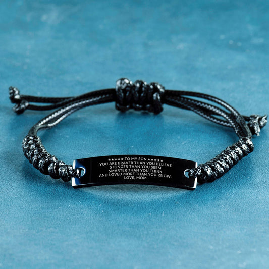 Black Leather Braided Rope Engraved Bracelet Gif For Son