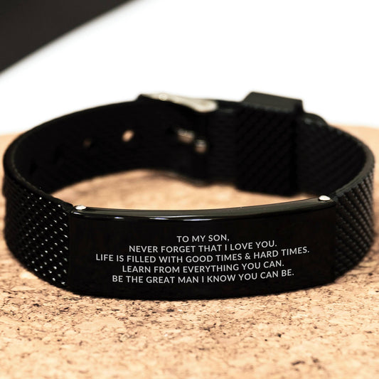 Black Shark Mesh Stainless Steel Engraved Bracelet for Son