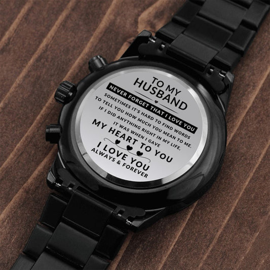 Gift For Husband | Engraved Design Black Chronograph Watch - Gave Heart To You
