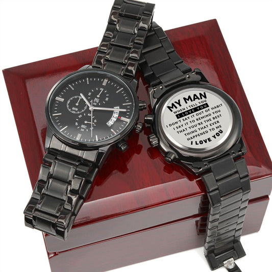 Gift For My Man | I Love You Engraved Design Black Chronograph Watch
