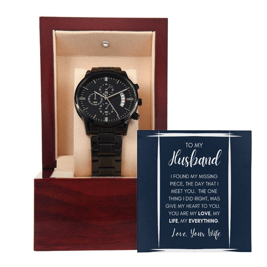 Gift For Husband | Black Chronograph Watch - Missing Piece Gold From Wife