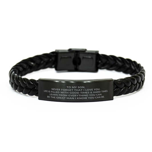 Black Braided Leather Rope Engraved Bracelet