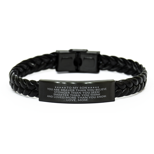 Black Braided Leather Rope Engraved Bracelet | Gift For Son