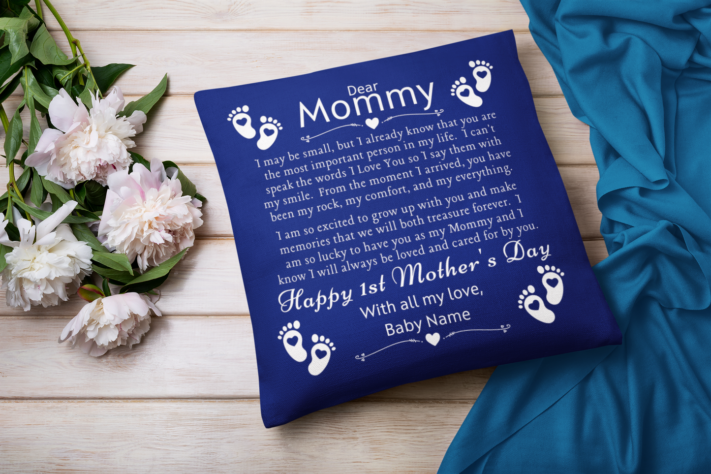 Dear Mommy Personalized Baby Name Large Square Pillow 18x18 - Blue
